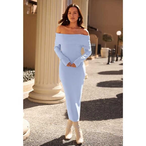 Women's Off Shoulder Bodycon Sweater Dress Long Sleeve Party Midi Dress Blue - Picture 9 of 9